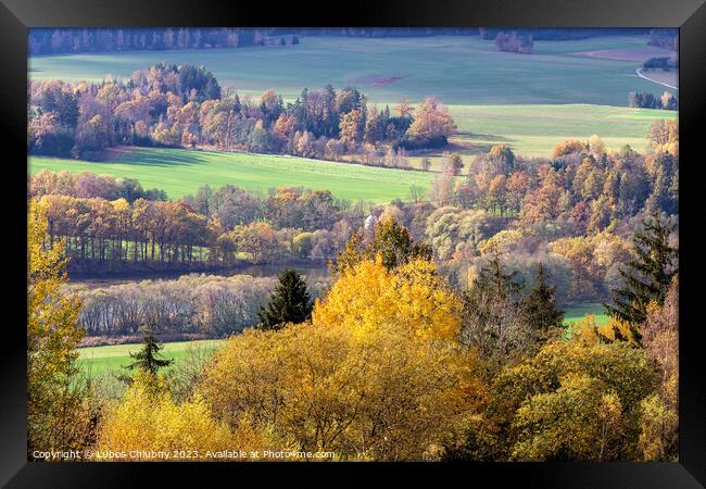 Autumn hilly landscape with meadows Framed Print by Lubos Chlubny