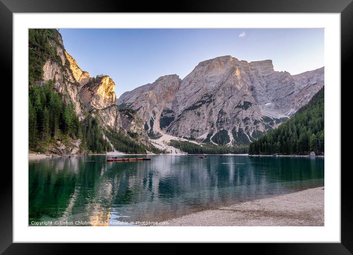Peaceful alpine lake Braies in Dolomites mountains. Lago di Braies, Italy, Europe. Scenic image of Italian Alps. Framed Mounted Print by Lubos Chlubny