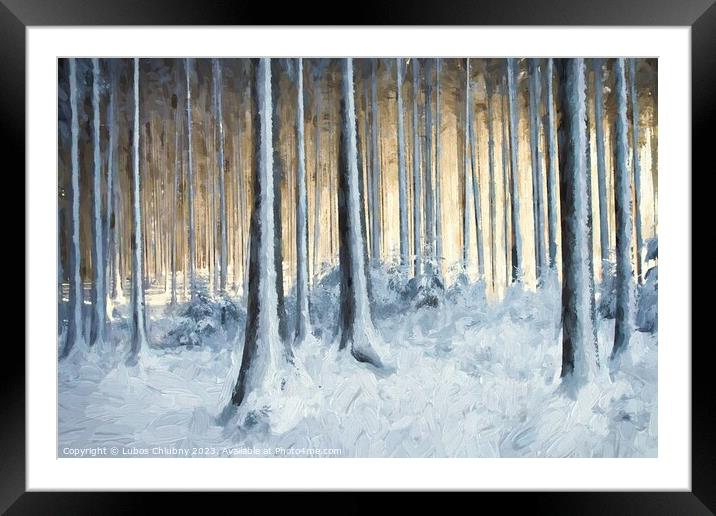 Oil painting snowy trees in the winter forest Framed Mounted Print by Lubos Chlubny