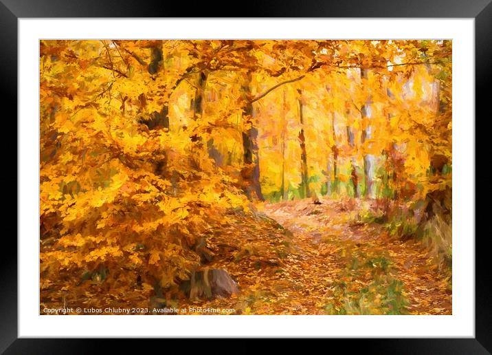 Oil painting autumn landscape with autumn leaves in forest. Framed Mounted Print by Lubos Chlubny