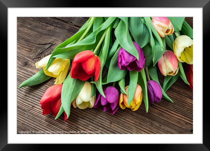 Colorful tulips on wooden table Framed Mounted Print by Lubos Chlubny