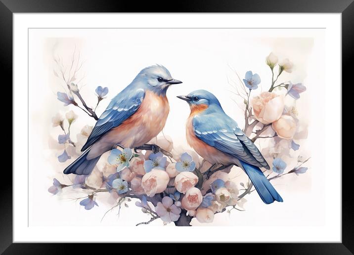 Pair of blue birds in spring nature. Pastel color style in blue tones - Generative AI Framed Mounted Print by Lubos Chlubny