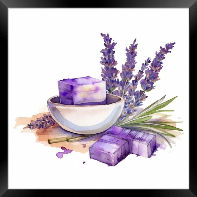 Watercolor illustration of lavender flowers and lavender soap in bowl - Generative AI Framed Print by Lubos Chlubny