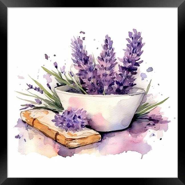 Watercolor illustration of lavender flowers and lavender soap - Generative AI Framed Print by Lubos Chlubny