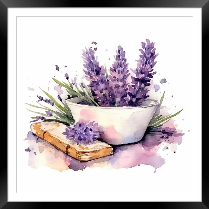Watercolor illustration of lavender flowers and lavender soap - Generative AI Framed Mounted Print by Lubos Chlubny