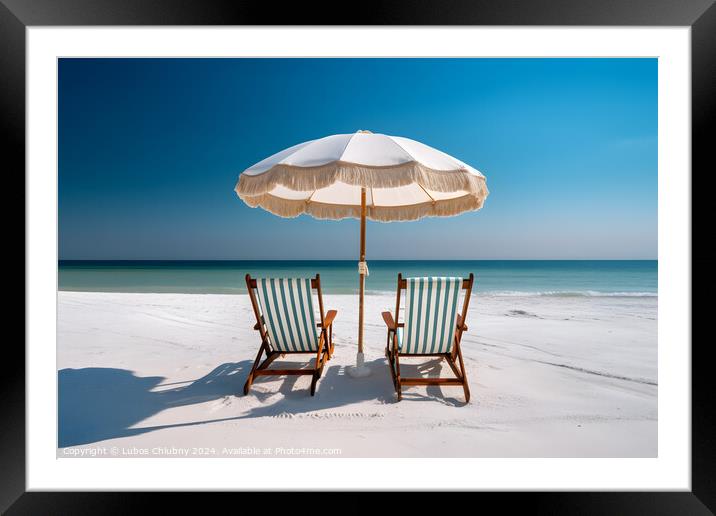 Beach chairs and umbrella on a white sandy beach. Generative AI Framed Mounted Print by Lubos Chlubny