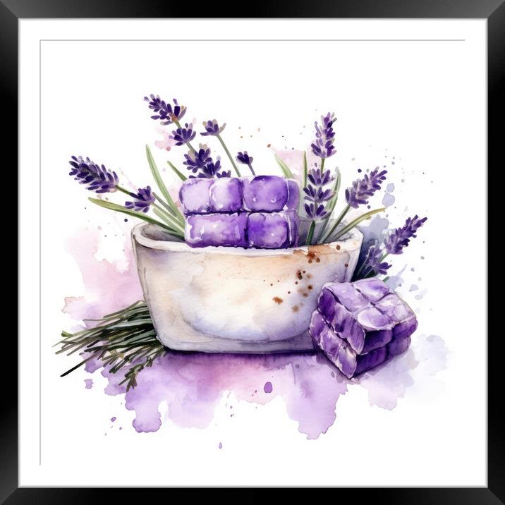 Watercolor illustration of lavender flowers and lavender soap in bowl - Generative AI Framed Mounted Print by Lubos Chlubny