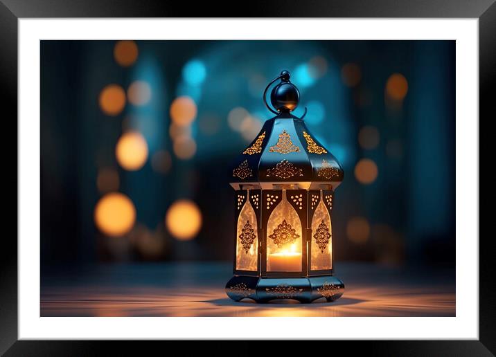 Ornamental Arabic lantern with burning candle glowing at night. Muslim holy month Ramadan Kareem. Generative AI Framed Mounted Print by Lubos Chlubny