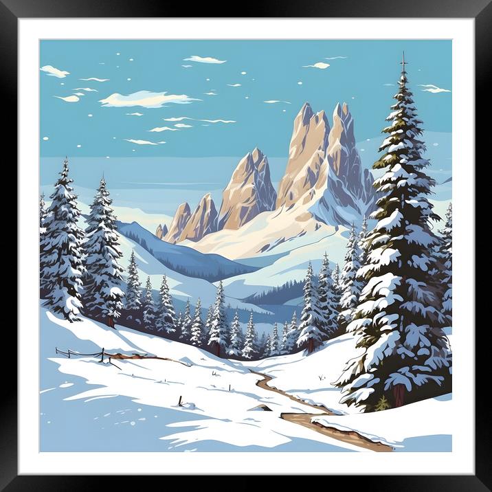 Winter in the mountains of the Italian Dolomites. Cartoon snowy mountain landscape. Generative AI Framed Mounted Print by Lubos Chlubny