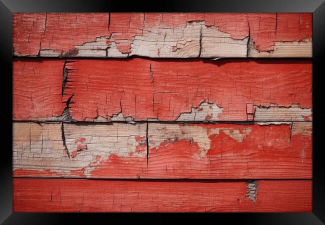 Wooden rustic background with peeled red paint. Generative AI Framed Print by Lubos Chlubny
