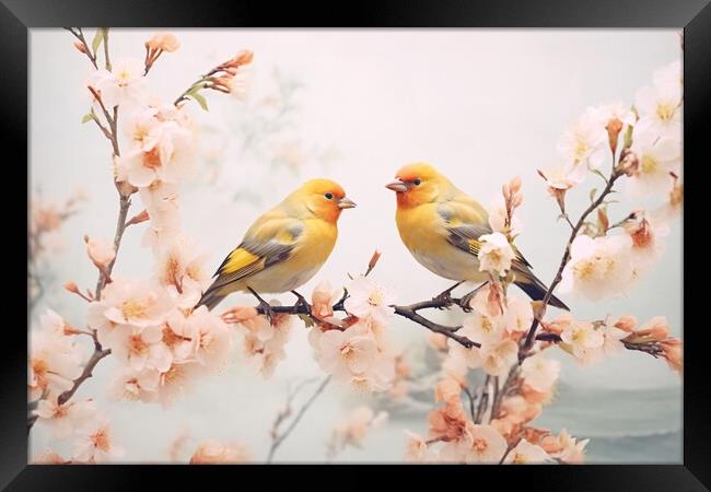 Pair of yellow birds in spring nature. Pastel color style in pink tones - Generative AI Framed Print by Lubos Chlubny