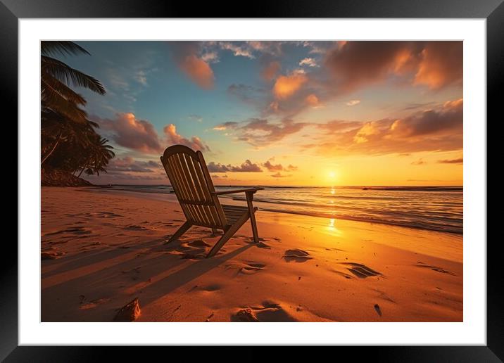 Beach chair on tropical beach at sunset. Generative AI Framed Mounted Print by Lubos Chlubny