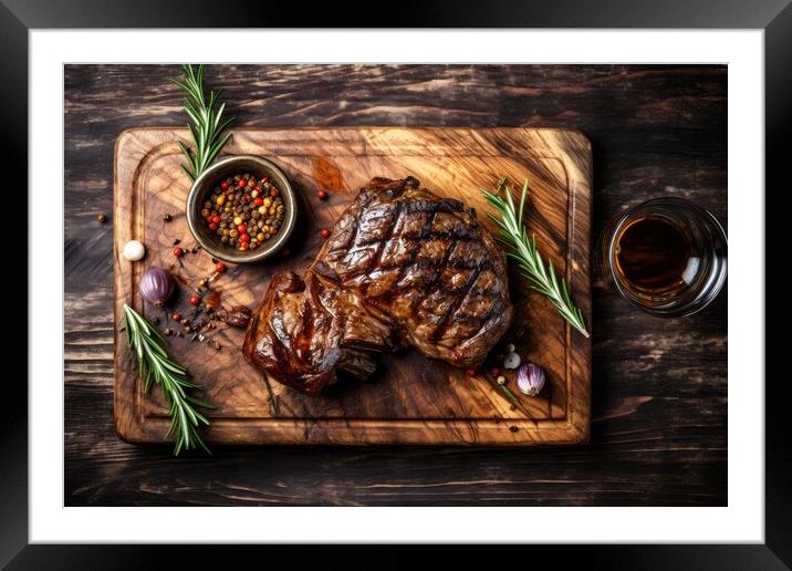 Grilled meat barbecue steak on wooden cutting board with rosemary and copy space. Top view. Framed Mounted Print by Lubos Chlubny