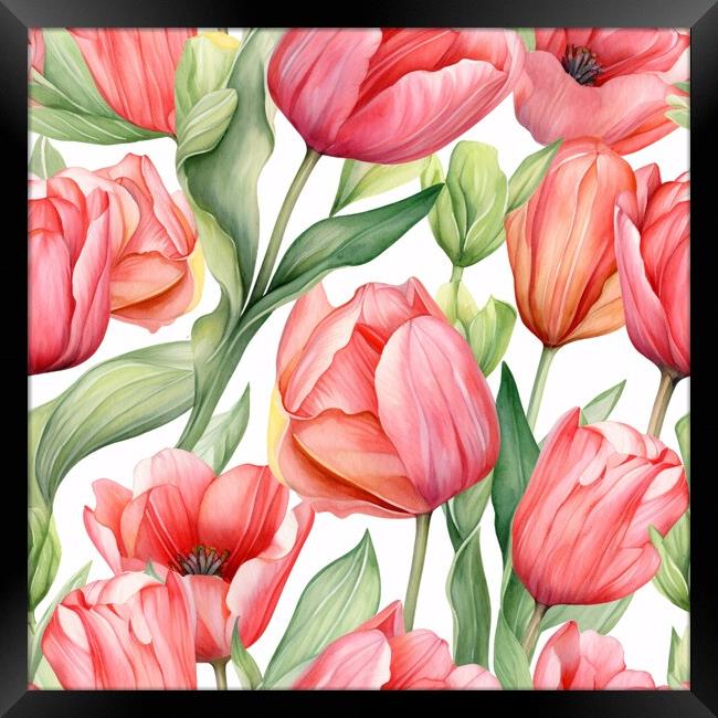 Seamless watercolor pattern with tulips. Floral pattern for wallpaper or fabric. Flower tulip. Generative AI Framed Print by Lubos Chlubny
