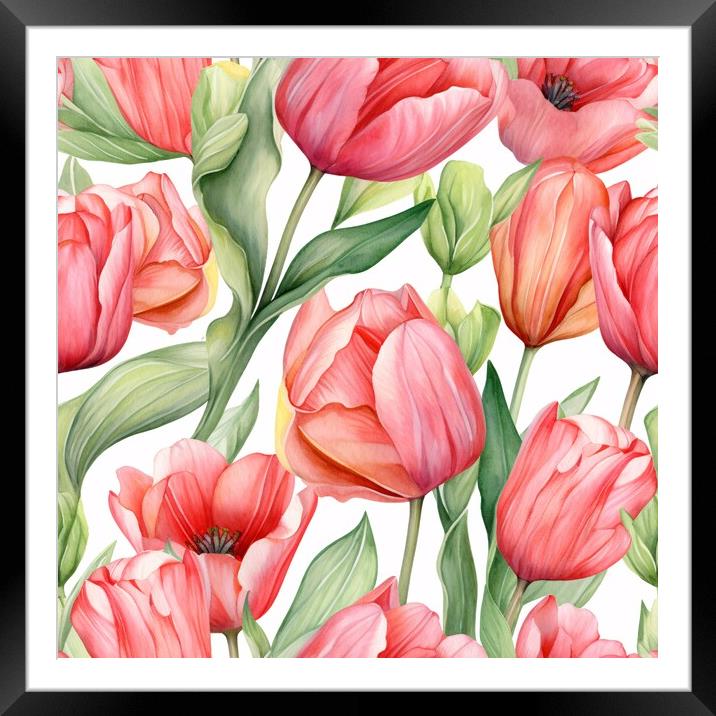 Seamless watercolor pattern with tulips. Floral pattern for wallpaper or fabric. Flower tulip. Generative AI Framed Mounted Print by Lubos Chlubny
