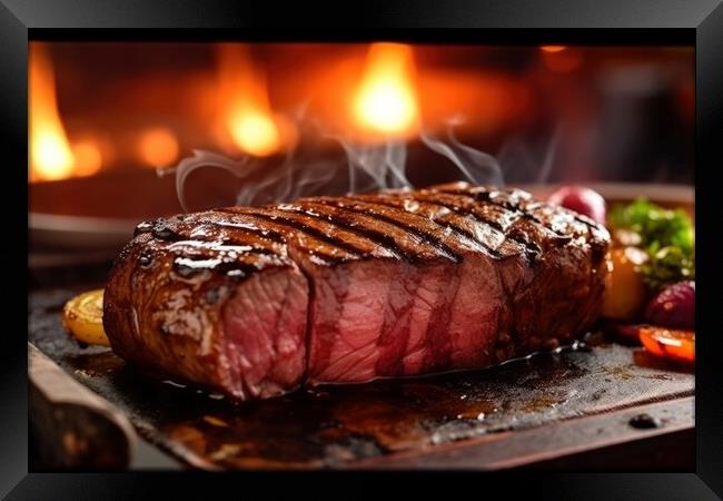 Beef steak on the grill with smoke and flames. Generative AI Framed Print by Lubos Chlubny