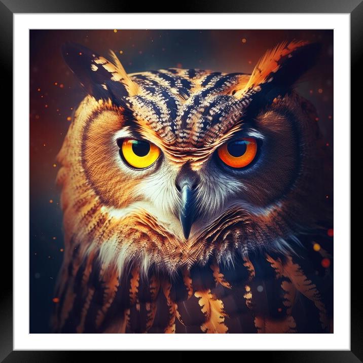 Cute wild owl on black background. Generative AI Framed Mounted Print by Lubos Chlubny