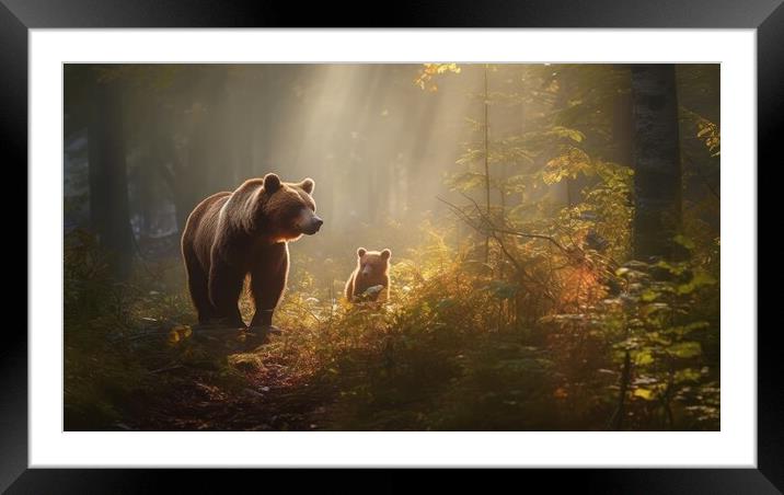 Bear with cubs in the forest and sun rays shining through the trees. Generative AI Framed Mounted Print by Lubos Chlubny