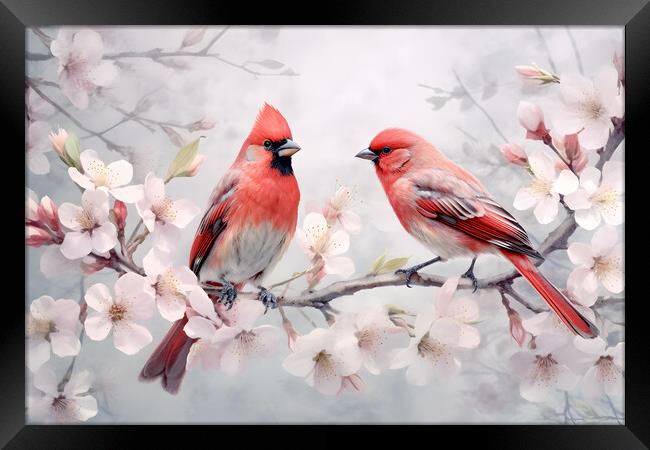 Pair of red birds Northern Cardinals in spring nature. Pastel color style in pink tones - Generative AI Framed Print by Lubos Chlubny