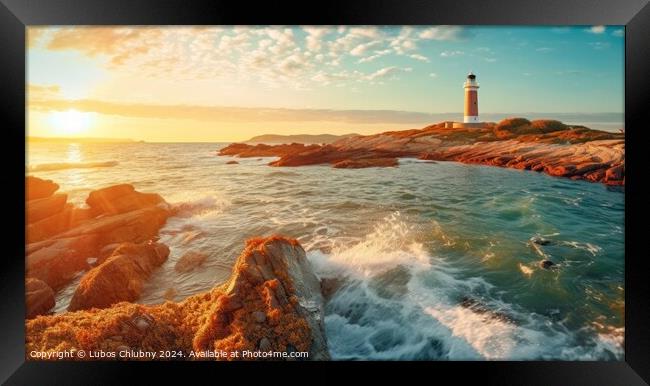 Colorful morning scene of Sardinia, Italy, Europe. Fantastic sunrise on Capo San Marco Lighthouse on Del Sinis peninsula. Generative AI Framed Print by Lubos Chlubny