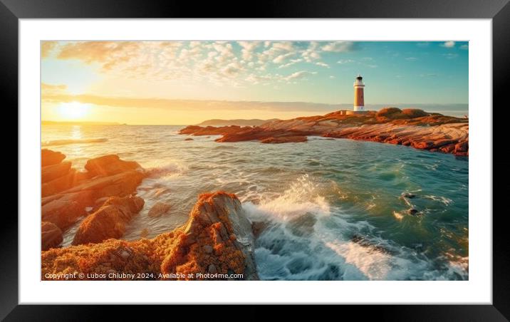 Colorful morning scene of Sardinia, Italy, Europe. Fantastic sunrise on Capo San Marco Lighthouse on Del Sinis peninsula. Generative AI Framed Mounted Print by Lubos Chlubny