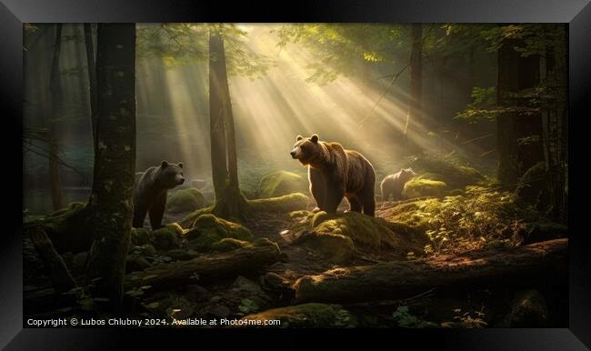 Bear with cubs in the forest and sun rays shining through the trees. Generative AI Framed Print by Lubos Chlubny