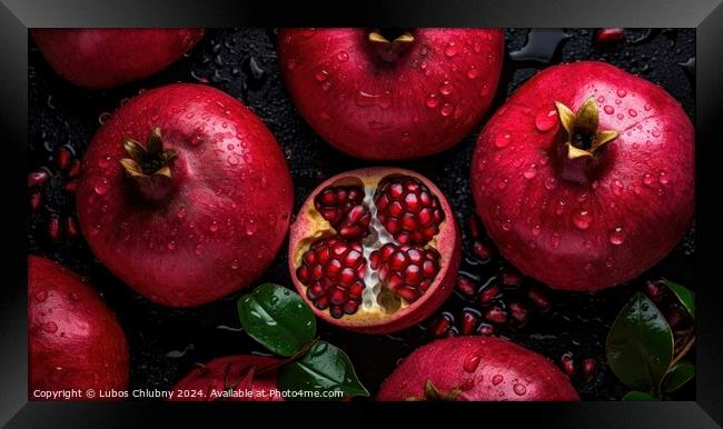 Pomegranate fruits on dark background, top view. Generative AI Framed Print by Lubos Chlubny
