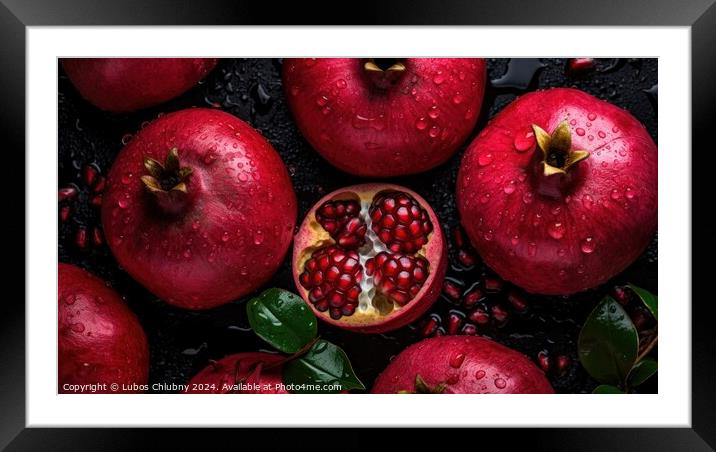 Pomegranate fruits on dark background, top view. Generative AI Framed Mounted Print by Lubos Chlubny