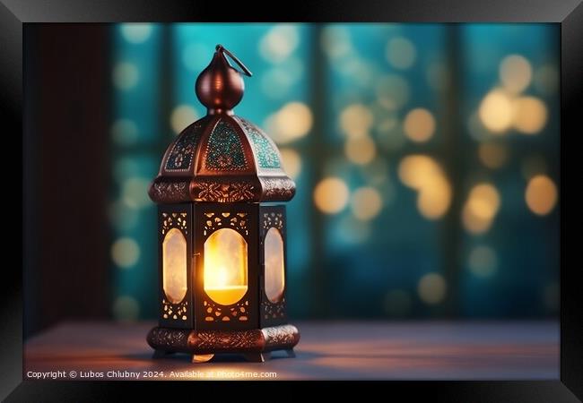 Ornamental Arabic lantern with burning candle glowing at night. Muslim holy month Ramadan Kareem. Digital art Framed Print by Lubos Chlubny