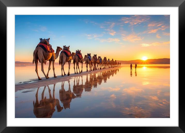 Caravan of camels on the salt lake at sunrise. Generative AI Framed Mounted Print by Lubos Chlubny