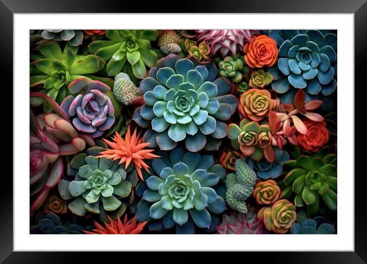 Collection of small decorative succulents, top view. Generative AI Framed Mounted Print by Lubos Chlubny