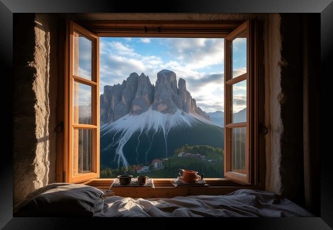 View from the window of the beautiful mountain landscape, the Dolomites. Generative AI Framed Print by Lubos Chlubny