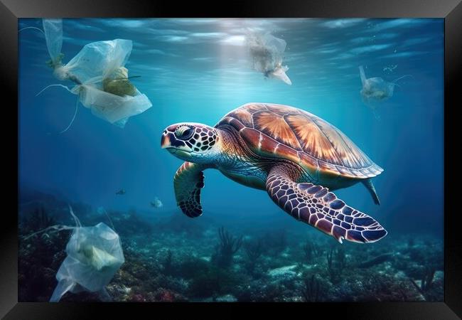 World ocean pollution, Turtle and plastic bags underwater. Generative AI Framed Print by Lubos Chlubny