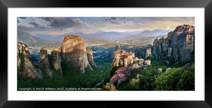 The stunning rock pillar Top Meteora Monastery of Rossanou at sunrise Framed Mounted Print by Paul E Williams