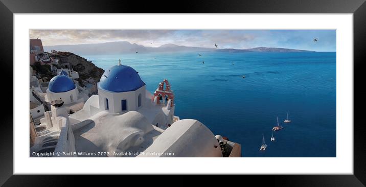 View of the Picturesque Blue Domed Orthodox churches of Santorini Framed Mounted Print by Paul E Williams