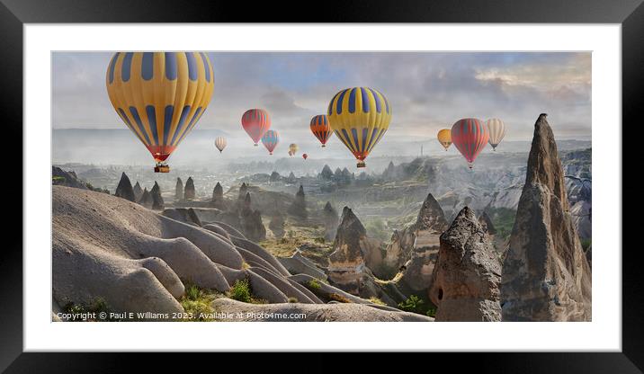 Hot Air Balloons Over Spectacular Rock Formations Cappadocia Framed Mounted Print by Paul E Williams