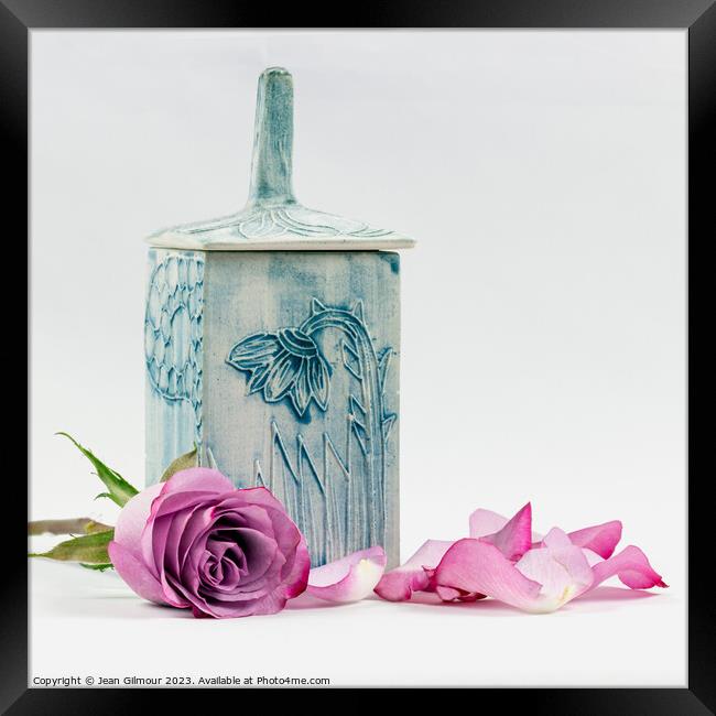 Rose and Blue Ceramic Pot Framed Print by Jean Gilmour