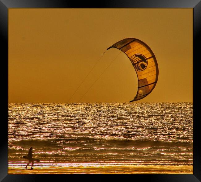 Kite surfing on a Golden Perranporth beach  Framed Print by Tony lopez