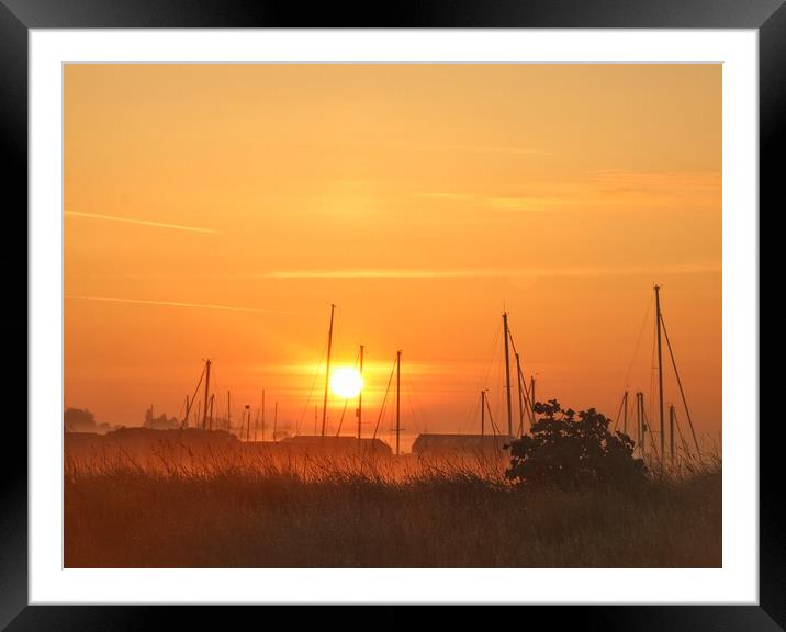 Misty sunrise over the Brightlingsea moorings  Framed Mounted Print by Tony lopez