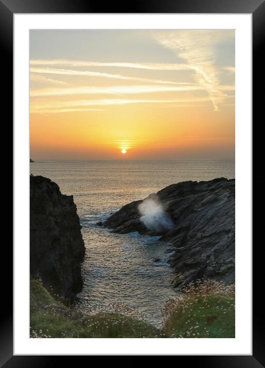 Sunset over Porth headland in cornwall  Framed Mounted Print by Tony lopez