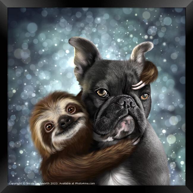 A Frenchie and a Sloth hug Framed Print by Nicola Duckworth
