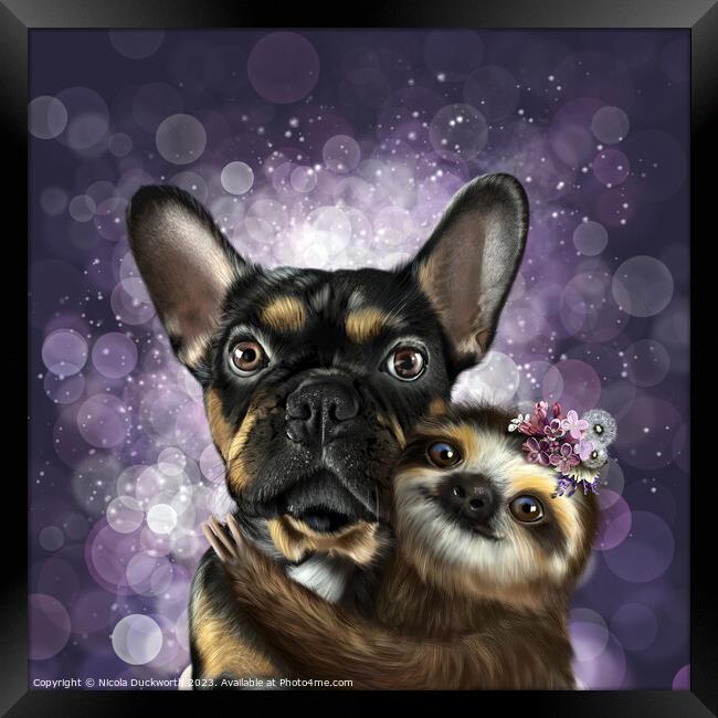 Frenchie and cute Sloth Framed Print by Nicola Duckworth