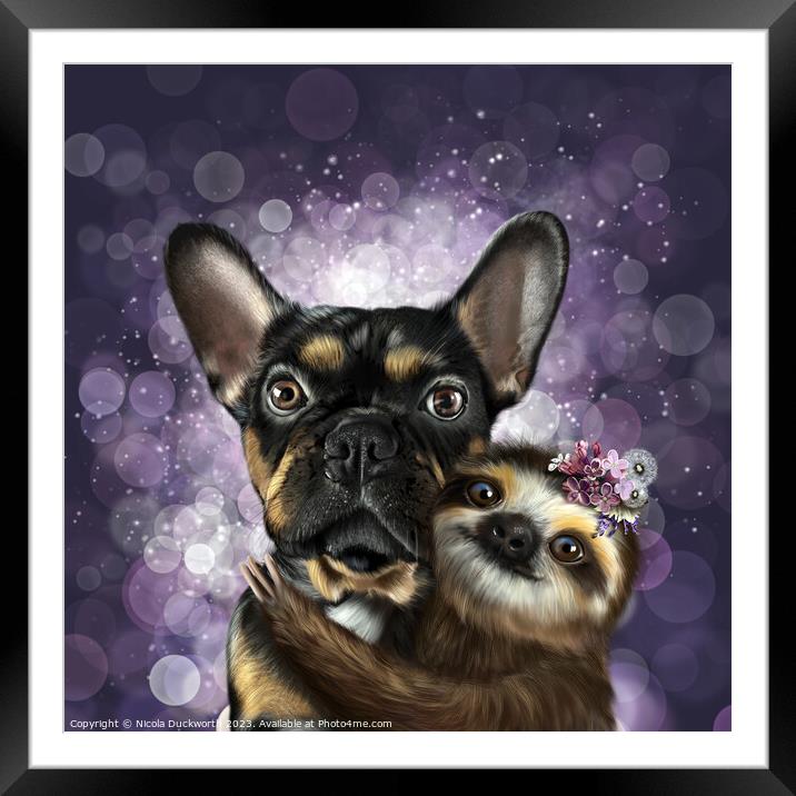 Frenchie and cute Sloth Framed Mounted Print by Nicola Duckworth