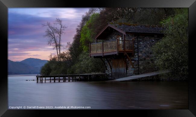Boathouse at Sunset Framed Print by Darrell Evans
