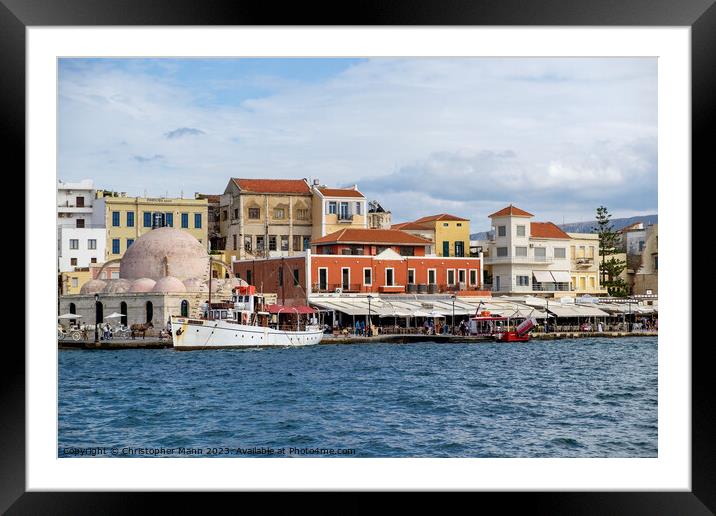 Harbour waterfront, Chania, Crete, Greece Framed Mounted Print by Chris Mann