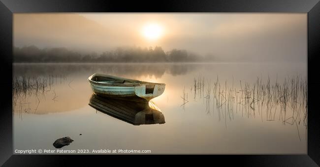 Boat on Loch Venachar at Sunrise Framed Print by Peter Paterson