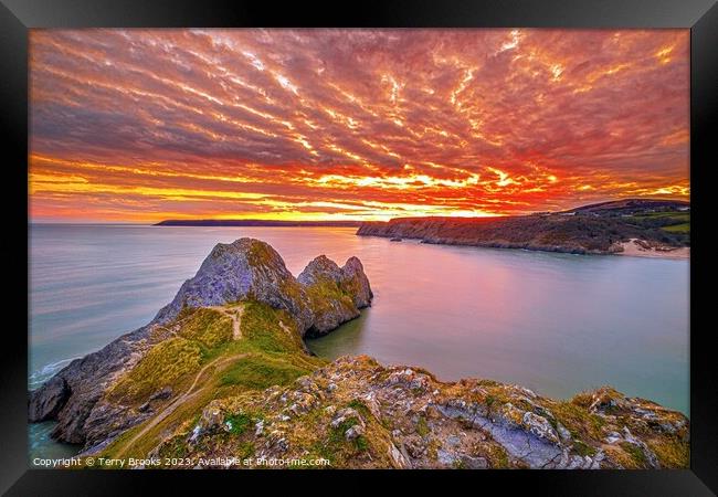Three Cliffs Bay Sunset Gower Wales Framed Print by Terry Brooks