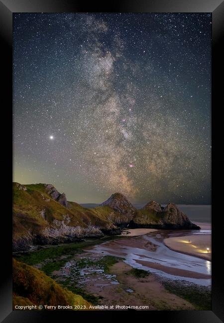 Three Cliffs Bay, Gower, Swansea with the Milky Way Framed Print by Terry Brooks