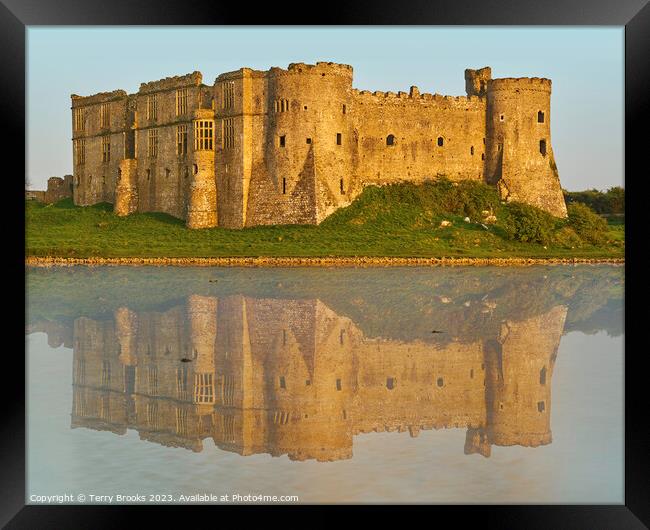 Carew Castle Reflecting in the Tidal Mill Pond Framed Print by Terry Brooks