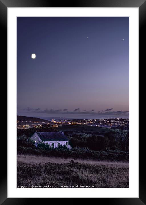 Gellionnen Chapel with the Moon, Saturn and Jupiter Above and Swansea City Framed Mounted Print by Terry Brooks